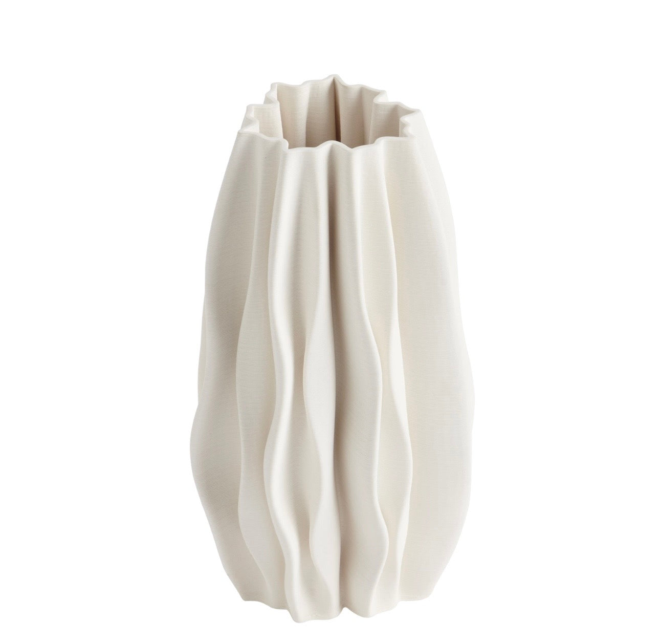 White ceramic vase with textured surface on a white background