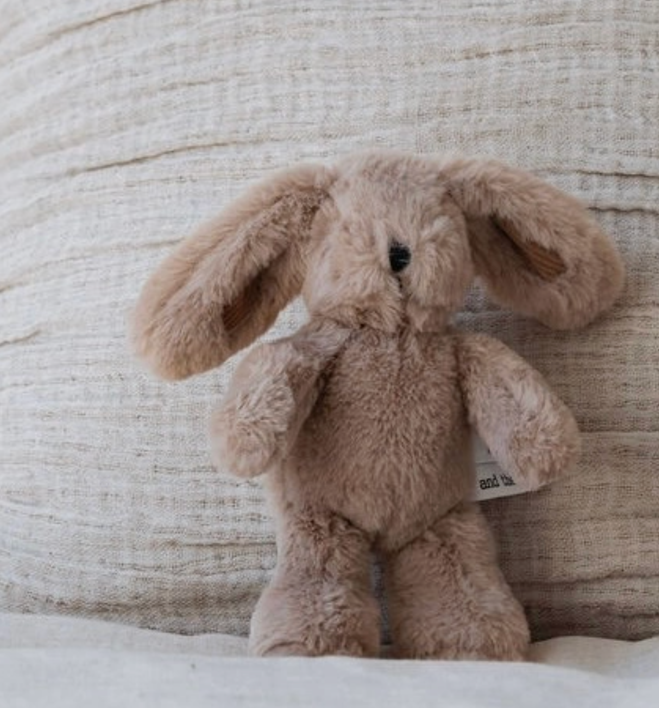 Brown plush bunny toy on a textured beige surface